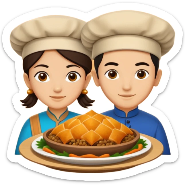 Uzbek cuisine humanless avatar in bright illustration. Classic dishes like plov and samsa, warm golden and earthy tones, simple shapes, flat design, high contrast, friendly and appetizing. sticker