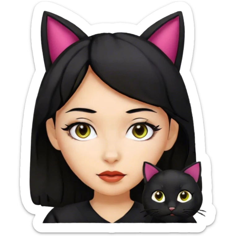 Girl with olive skin, black hair, and black cat ears sticker
