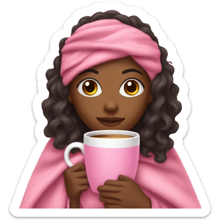 A black woman with long curly hair  with a pink blanket wrapped over her shoulders, holding a pink mug of coffee sticker