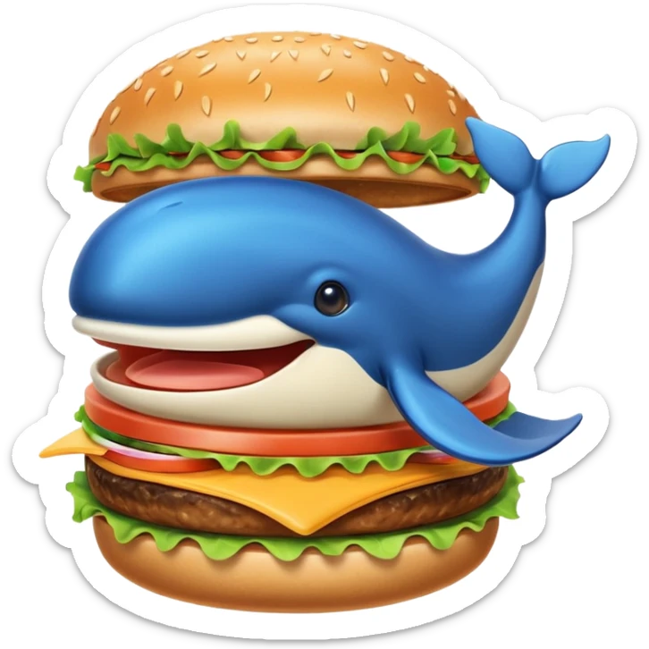 A playful mix of a burger and a whale, Telegram emoji style sticker