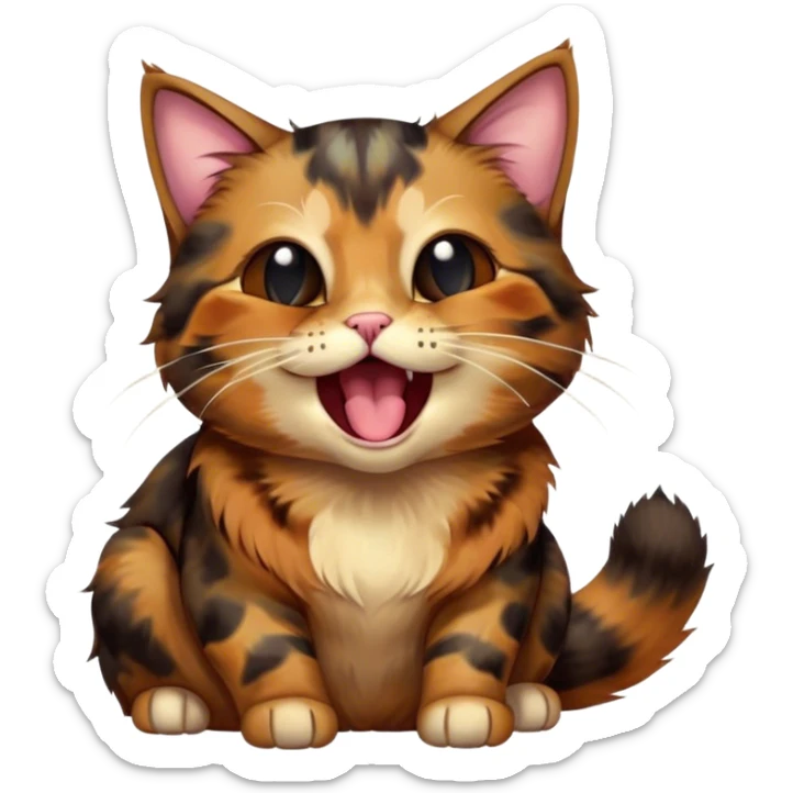 Cinematic Cute Yawning Tortoiseshell Cat Portrait Emoji, Head slightly tilted with a wide, adorable yawn and half-closed, dreamy eyes, featuring a warm, mottled fur of rich browns and blacks, simplified yet irresistibly cute, highly detailed, glowing with a soft, slumbering radiance, high shine, exuding a relaxed, drowsy charm, styled with a gentle, soft glowing outline, capturing the essence of a tortoiseshell cat in a precious moment of sleepy delight! sticker