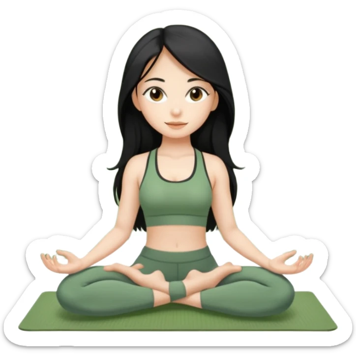 long black hair and brown eyes yoga beautiful girl in sage green clothes sitting on a yoga mat sticker