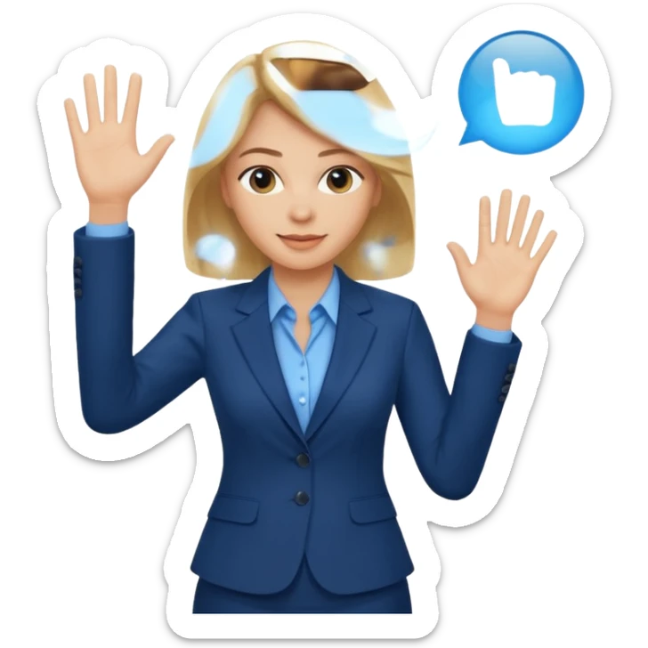 Make emoji of business woman with light skin and medium blonde hair in a dark blue business suit and light blue shirt waiving to new clients sticker