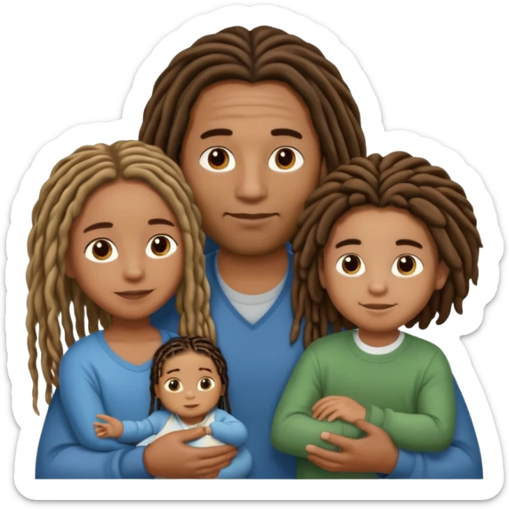 Brown family of 3 with a dad with long locs mom with shorter locs a 8 yr old boy light skinned brown with long braids and a 6 yr old with a small fro and a little baby boy that looks like the dad sticker