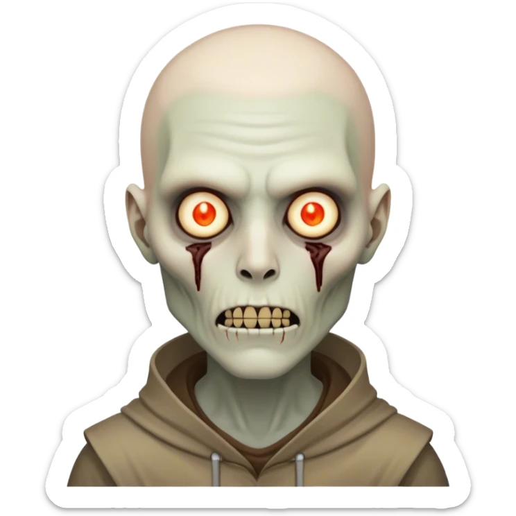 Cinematic Realistic WoW undead civilian Portrait, head tilted epicly and inquisitively, showcasing grim resilience and defiant strength. His withered, pallid skin and intense, glowing eyes contrast starkly with his worn, earth-toned clothes, rendered in meticulous detail. With dynamic, high-contrast lighting and high shine, this portrait exudes an epic aura, capturing the relentless will of a battle-hardened undead civilian. sticker