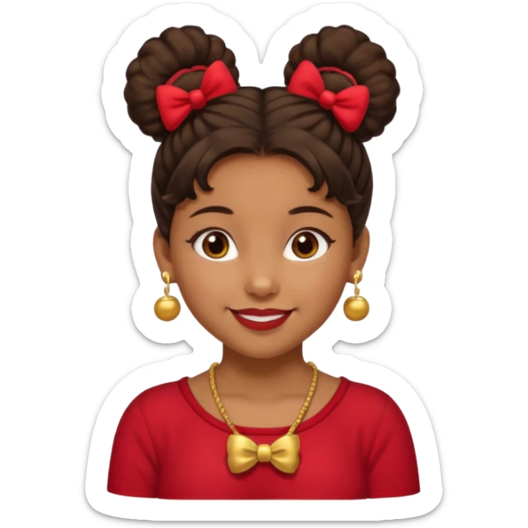 Brownskin girl dark brown hair fluffy.Two buns with red bows brown eyes smiling closed mouth red shirt gold esrrings gold necklace sticker