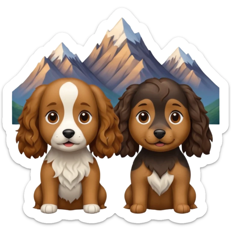 two dogs with wavy hair, one black and brown, one shades of brown with mountains sticker
