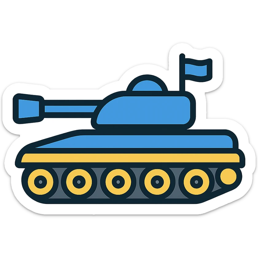 Ukrainian battle tank with blue and yellow camouflage, color outline icon style sticker