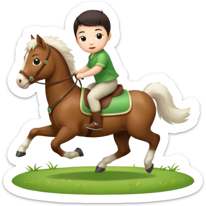 l little chinese baby riding on a  cute horse running really fast on the grass with 2026 year's label sticker