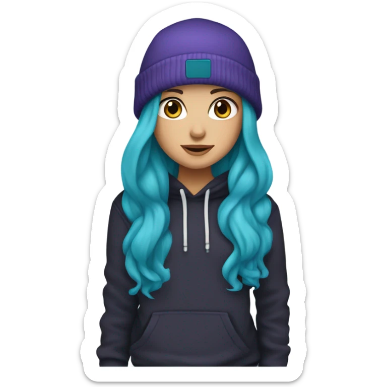 White girl, blue eyes, long teal hair, purple beanie hat, black hoodie, blue jeans, black shoes sticker