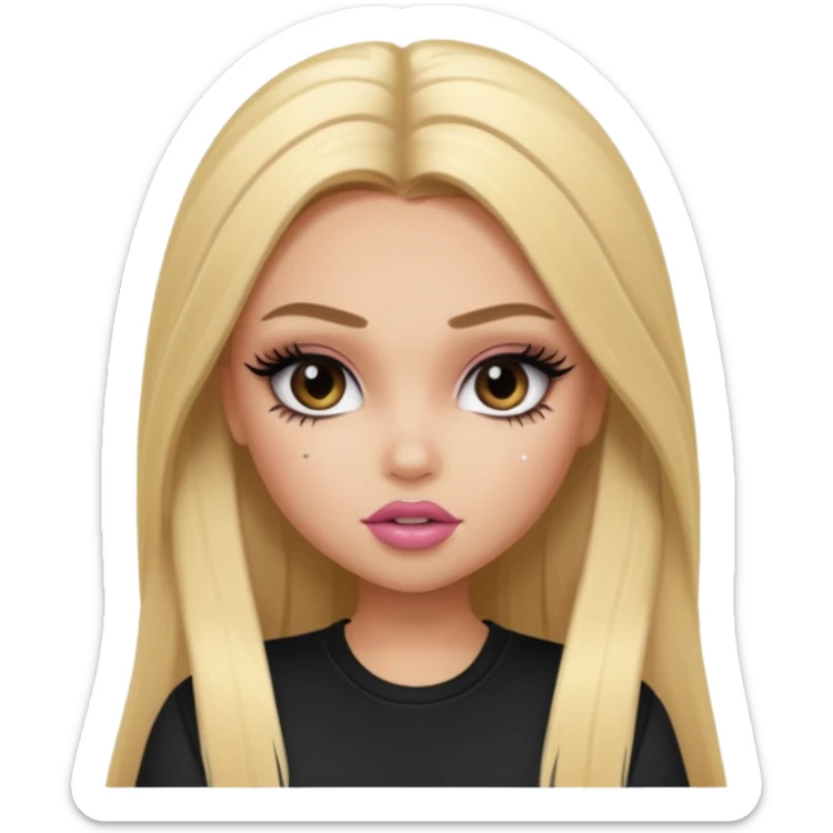 pretty bratz baddie, long blonde straight hair, pretty makeup, fake lashes, baddie clothes sticker