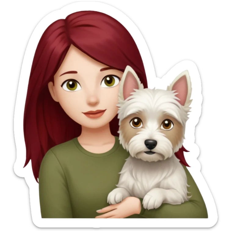 Westie white terrier dog being held by woman with dark red long hair and hazel eye wearing olive green top sticker
