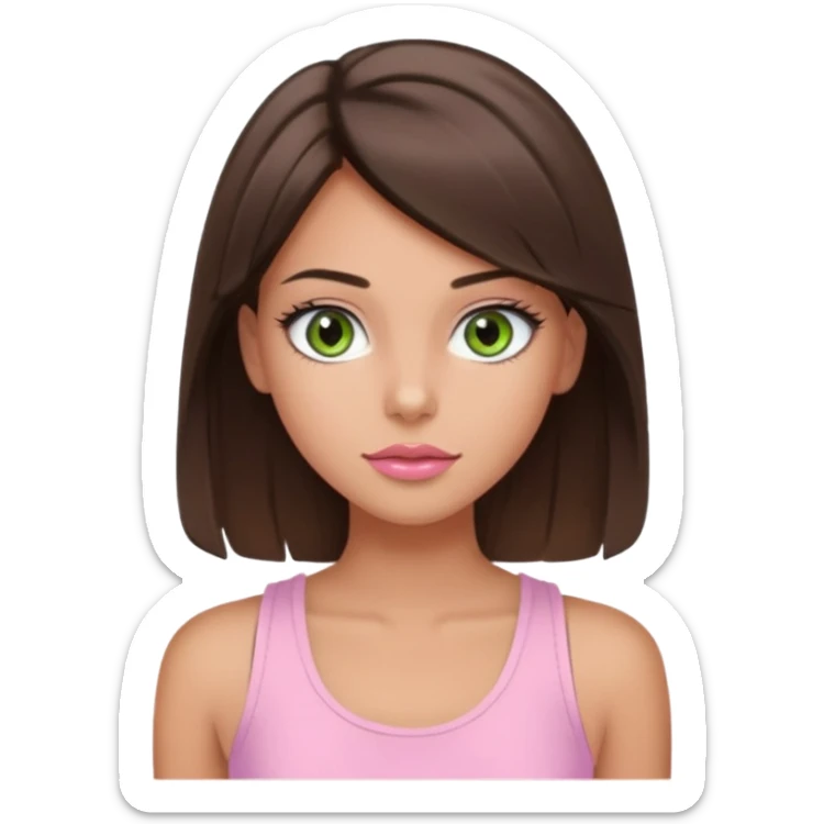 Create a teen girl wearing a light pink tank top. She will have brunette hair, tan skin, pink lips, and grey-green eyes. She has long eyelashes. sticker