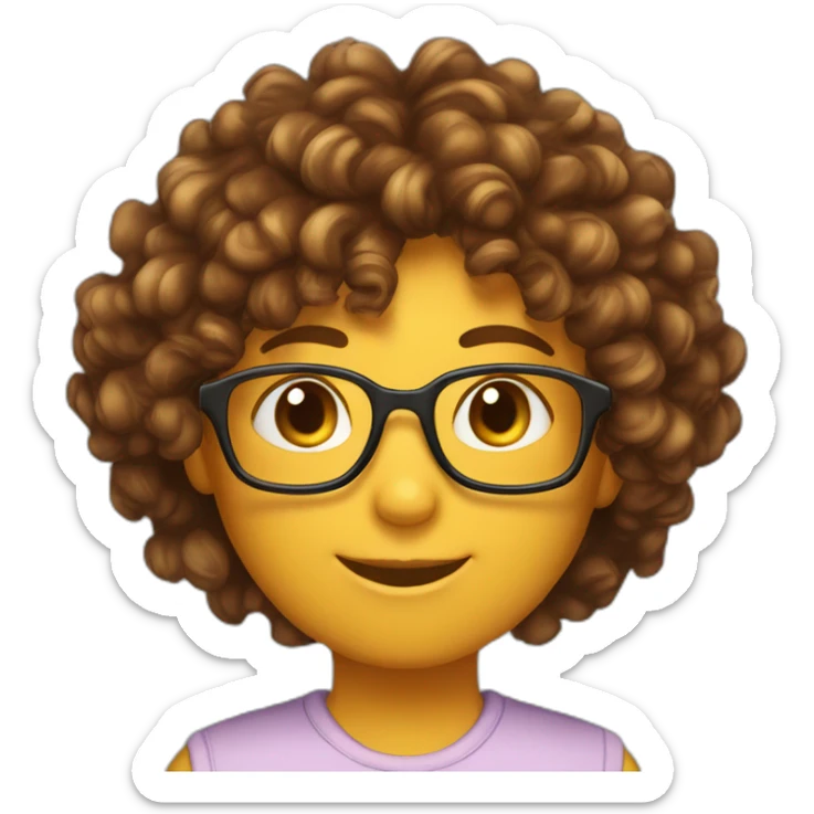 Human emoji, skin #8f6354 color, hair curly long with gradient from #382b26 to #876c55, has glasses with rectangular shape, has tortoiseshell cat ears, and is happy sticker