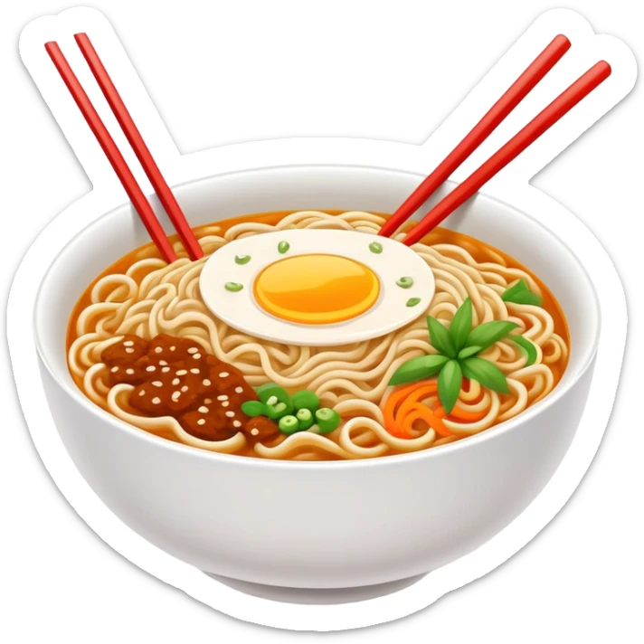 Wuhan hot dry noodles with sesame paste breakfast bowl, simplified emoji style with bold outlines and bright colors, cartoon style Hubei morning Re Gan Mian sticker