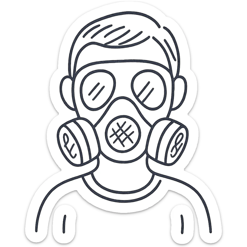 hand drawn outline icon of a person wearing a gas mask sticker