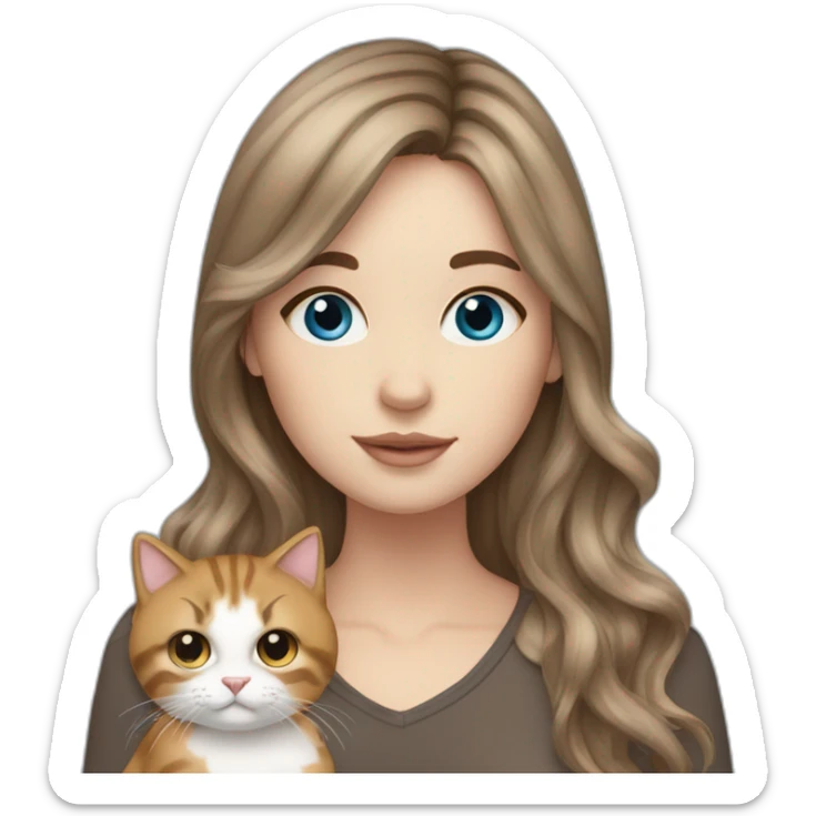 white girl with brown hair curtain bangs blue eyes holding 2 cats sticker