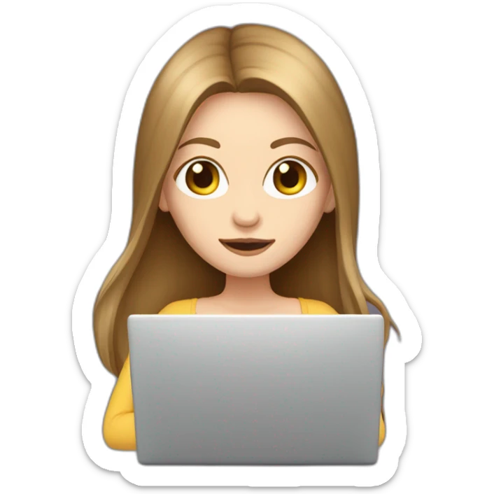 woman with pale skin and brown long hair hiding behind a gigantic laptop sticker