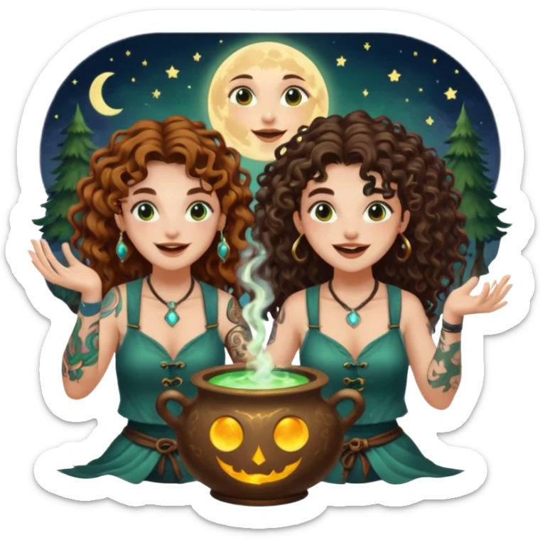 forest alchemist duo two women curly long hair tattooed and short brown mullet mixing glowing moon potion together excited faces sticker