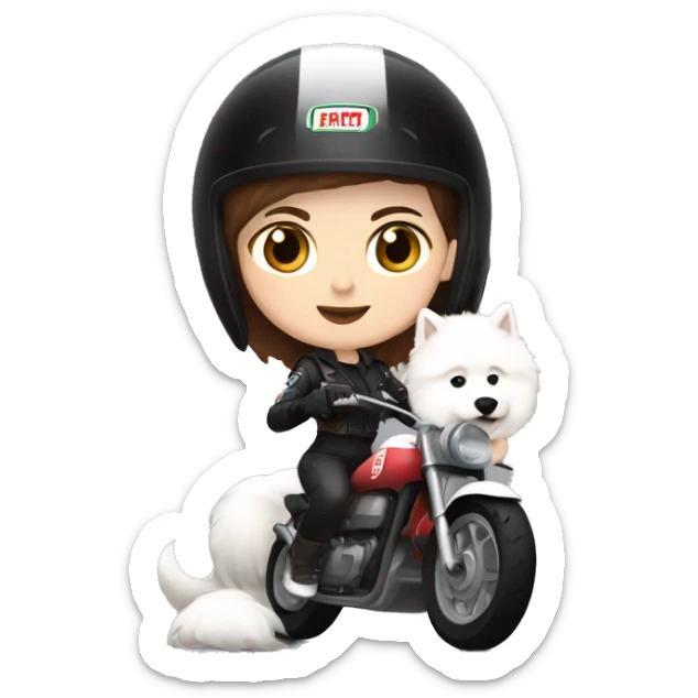 Girl biker white skin and brown short hair with a agv black helmet hugging a white Samoyed sticker