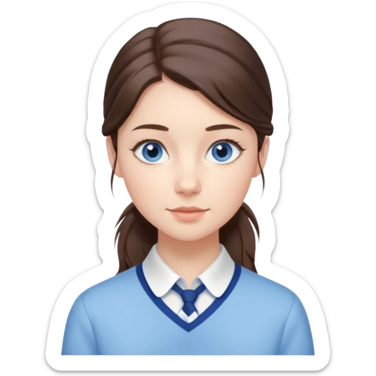Realistic Student Portrait, with porcelain-like skin featuring a natural rosy flush, illuminated by soft lighting that highlights the gentle contours of her face. Her Brunette pony tail hair flows in soft, Her deep blue eyes radiate warmth and innocence,  wear light blue preppy style. sticker