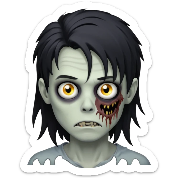 Zombie Boy with black long messy hair and teenager aparience, black background sticker