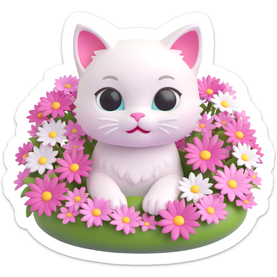 Add more pink flowers around the floating white kitten, in 3D iOS emoji style with soft gradients and glossy finish, no background. sticker