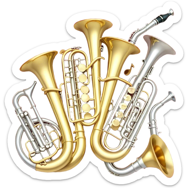 Create a festive and elegant emoji collage featuring a bouquet or fan of brass instrument bells (trumpets, saxophones, trombones, etc.) arranged in a radiant, symmetrical pattern. The instruments should have polished, golden and silver finishes, with their large, shiny bells forming a beautiful, fan-like display. Include a flowing ribbon of musical notes swirling through the center, conveying movement and melody. The background should feature a deep red velvet texture, adding a touch of luxury and sophistication. The overall composition should be balanced, with an elegant and regal feel, with a transparent background to keep focus on the instruments and musical elements. sticker