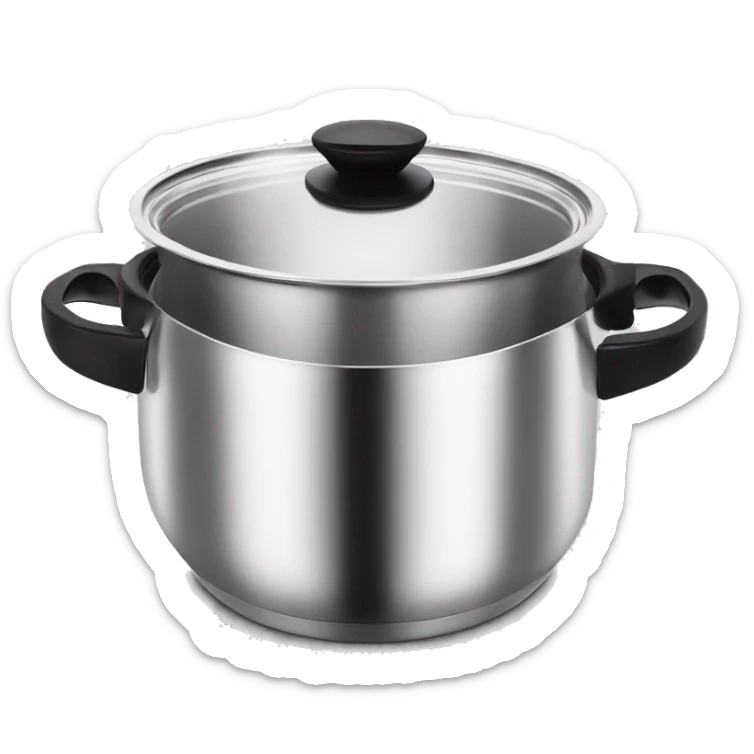 “Royal Prestige” Stainless steel pot with black handlers, food inside. sticker