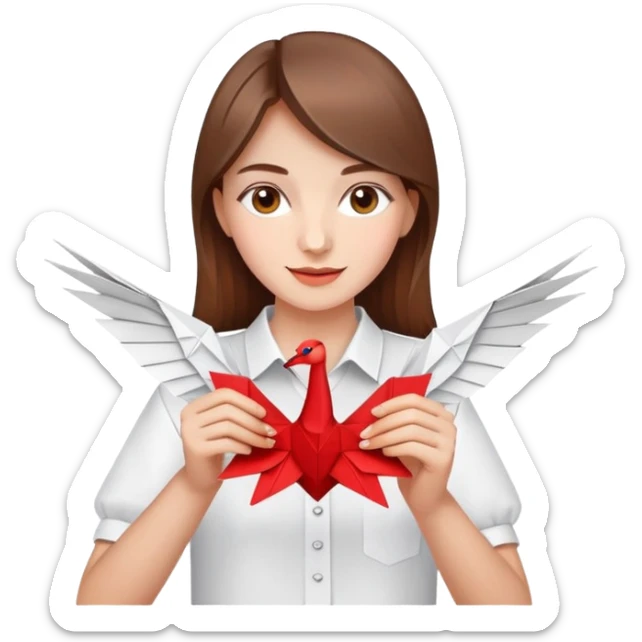 A happy Ukrainian young girl with brown hair in a white embroidered shirt makes an origami red crane craft sticker