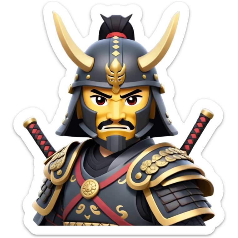 clash-of-clans-aesthetic_-cinematic-fearsome-and-majestic-samurai-bust-portrait-emoji, rendered in a flat, vector-style with minimal shading and bold, simplified shapes typical of emoji art, depicting a battle-hardened samurai with black mask and traditional black Japanese armor. The samurai is riding a noble grey warhorse adorned with an intricately designed saddle and fluttering banners and a rising sun. a samurai on a   horse sticker