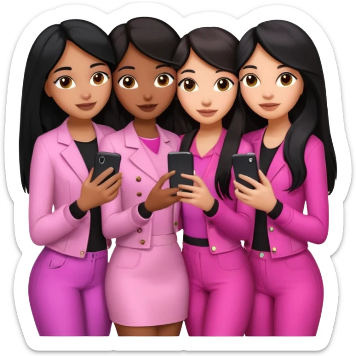 3 brown girl friends with a phone on their hand, one with black long hair light skin,  one with brown hair long and the other one with black with brown medium length hair . Wearing pink glammed up and hugging  sticker