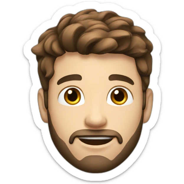 Young man with brown hair and beard, black plugs in the lobe, HAppy face expression sticker