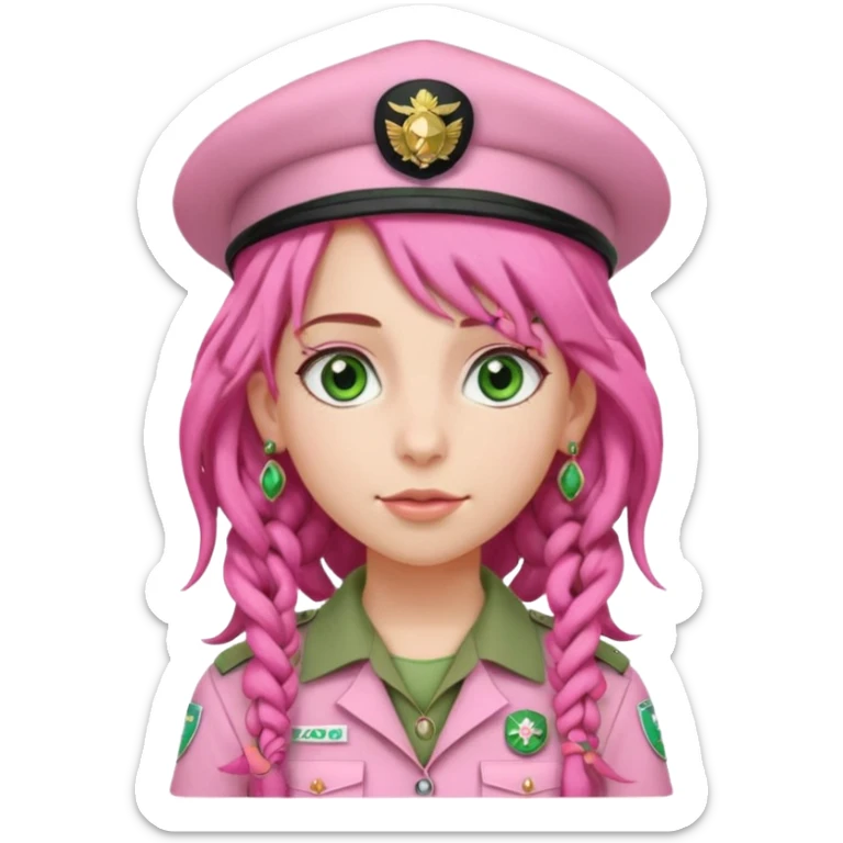 very pretty girl big green eyes, scout girl with pretty pink uniform, pink dreadlocks, and big earrings and scouts hat sticker