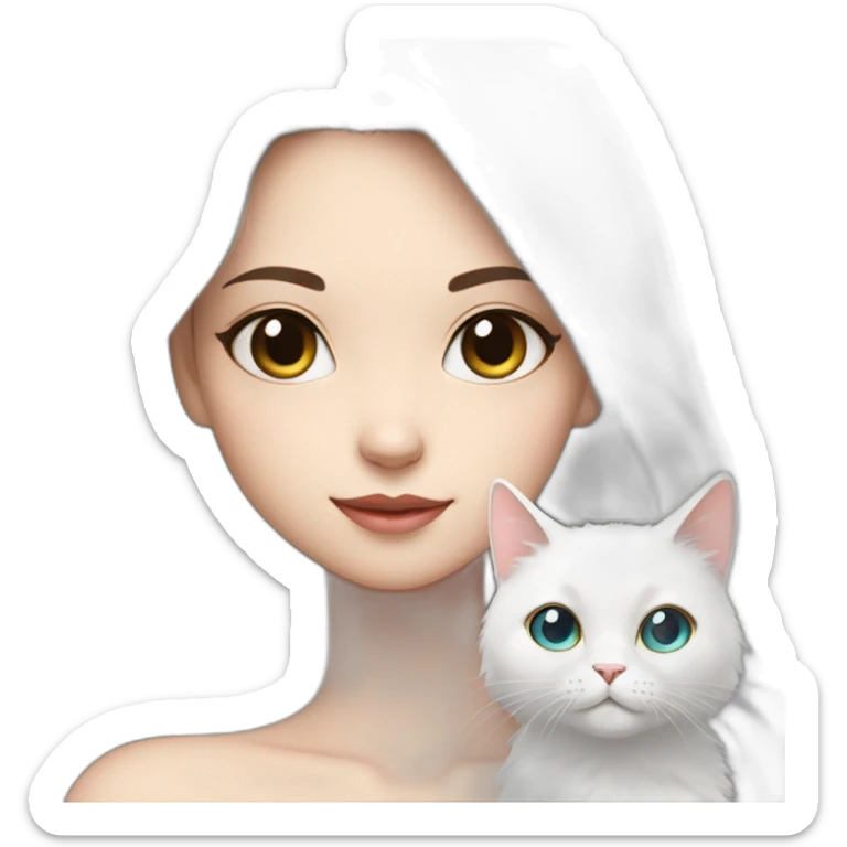 A girl with long dark hair and on her left shoulder and neck lies a white fluffy cat with eyes of different colors sticker