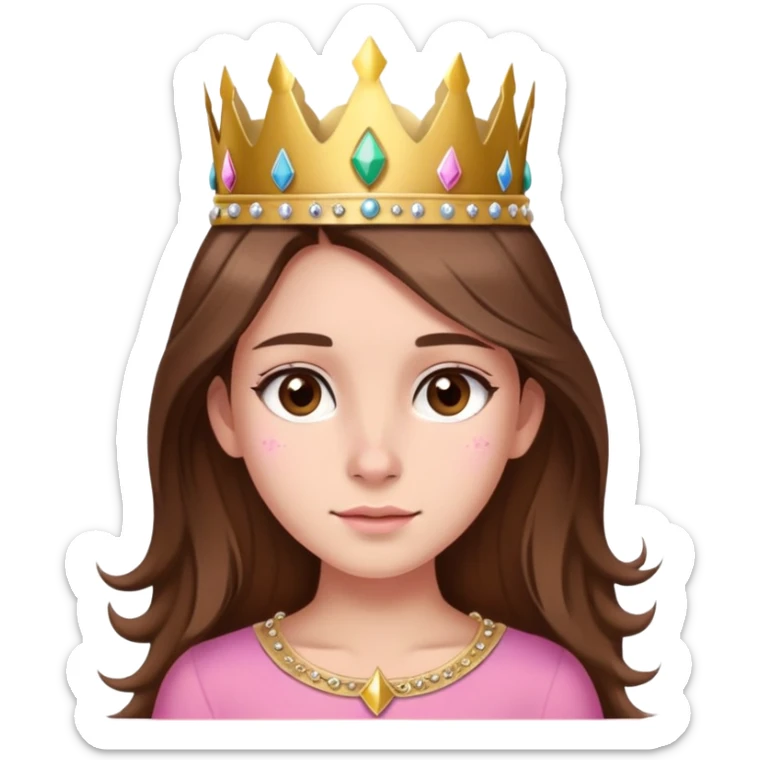 girl with brown long hair, brown eyes, pink top, gold crown, subtle birthmark left of nose, festive birthday look sticker