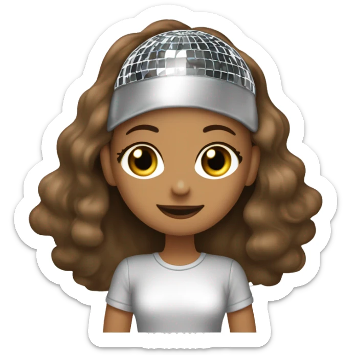 A girl wearing a disco ball, ￼ T-shirt ￼ With long, brown, darkest,  ￼wavy hair,  sticker