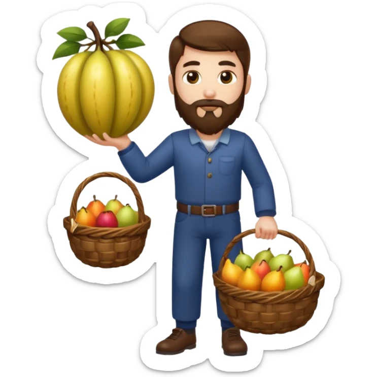 full body man long brown hair brown eyes medium beard white skin holding basket of strange glowing fruits sticker