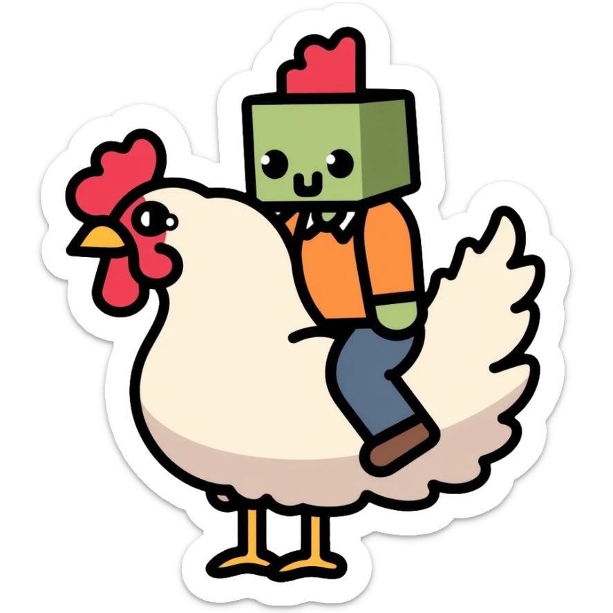 Minecraft chicken jockey - a small pixelated baby zombie riding on top of a white chicken, blocky style sticker