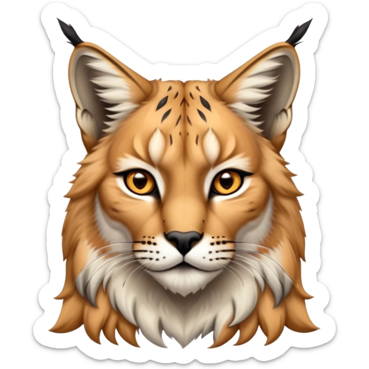 Cinematic-Noble-Lynx-Portrait-Emoji – Poised and regal, with a strong, agile build and a strikingly patterned coat of warm tawny fur accented by bold black ear tufts, deep-set, intelligent amber eyes, simplified yet sharp and sophisticated. sticker