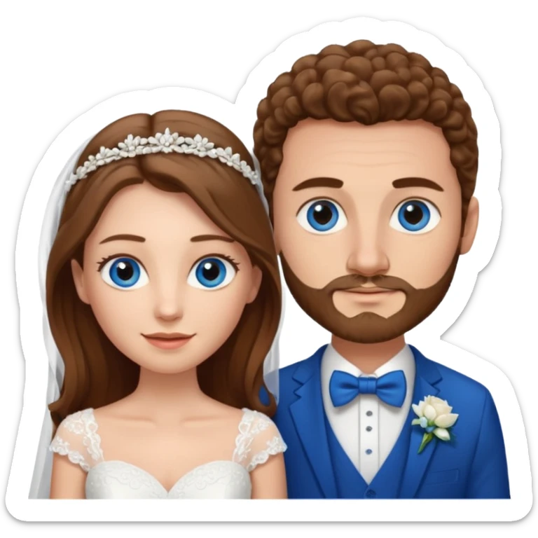 wedding couple, woman has long straight brown hair and blue eyes, man has short light brown curly hair and facial hair with blue eyes sticker