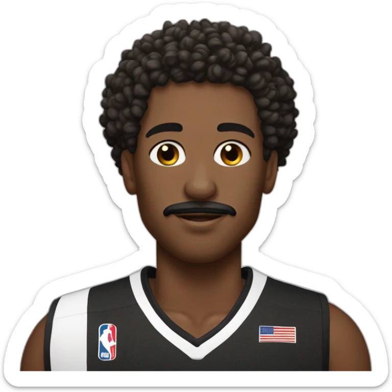 black basketball player with moustache curly hair and headband wearing black and white jersey holding the book sticker