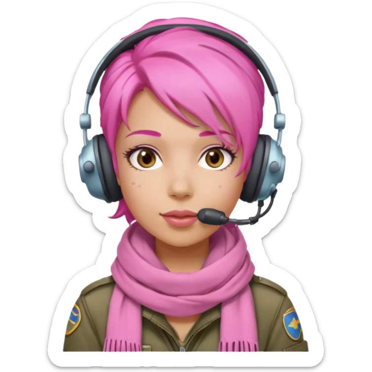Jet Queen Mia – bubble-gum-hair pilot wearing a headset and pink scarf sticker