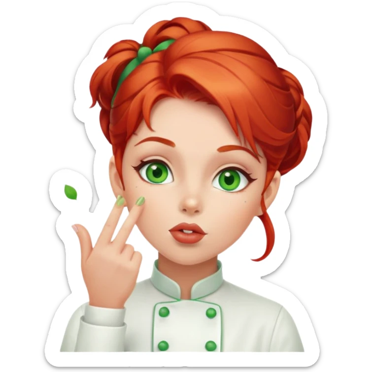 Girl, Pastry Chef with red hair and green eyes blowing kisses sticker