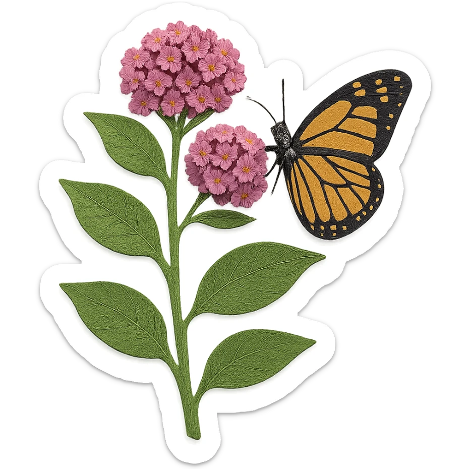 very detailed milkweed plant with a monarch butterfly, intricate cut paper textures, green leaves, pink and purple flower clusters, realistic orange and black butterfly sticker