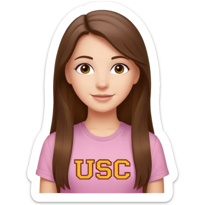 happy white long brunette hair girl with hazel eyes and in a light pink shirt with the letters USC in white sticker