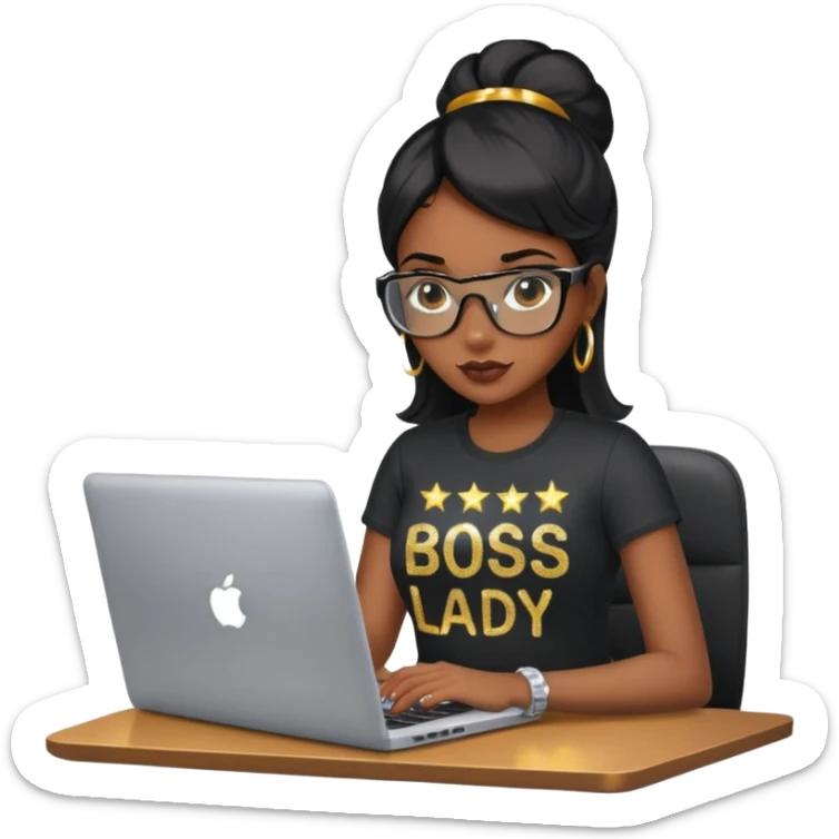 black pretty girl working hard with sparkles on laptop "boss lady" spelled out on shirt sticker