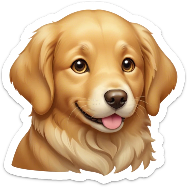 Cinematic Cute Golden Retriever Portrait Emoji, Head tilted playfully and inquisitively, showcasing a rich, glossy golden coat with a healthy sheen, round, sparkling brown eyes filled with curiosity, Simplified yet irresistibly adorable features, highly detailed, glowing with a warm, friendly glow, high shine, affectionate and lively, stylized with a touch of whimsy, bright and endearing, soft glowing outline, capturing the essence of a mischievous yet loving companion, so playful it feels like it could leap out of the screen and into your arms! sticker