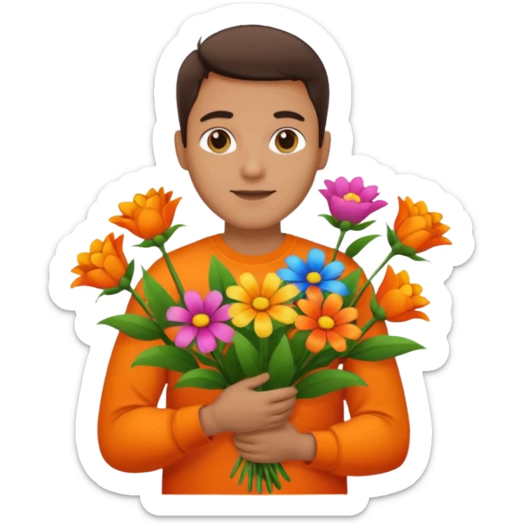 Man with bright orange shirt shirt carrying a bunch of flowers sticker