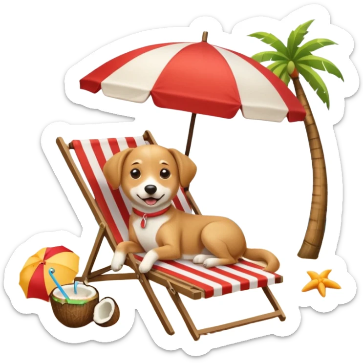 a dog laied on a beach chair, a sunny beach, a sun umbrella, and beach coconut trees. the icon should capture the essence of a relaxing beach vacation with a carefree atmosphere sticker